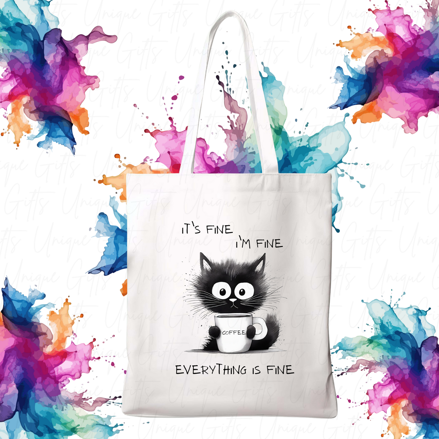 White Tote Bag – Funny ‘I’m Fine’ Cat Design, Reusable Everyday Bag