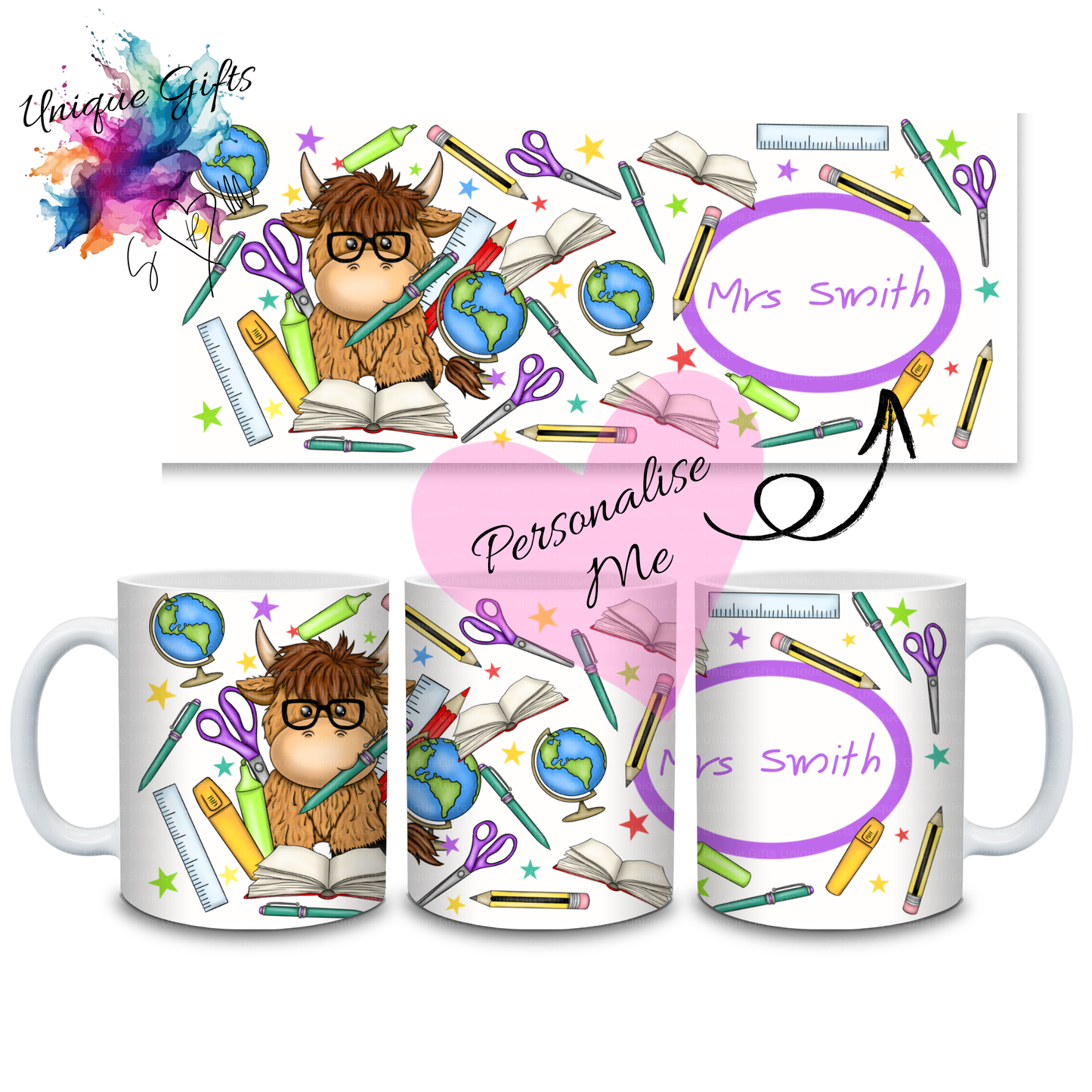 Personalised Highland Cow Teacher Mug – Glasses & Stationery Design