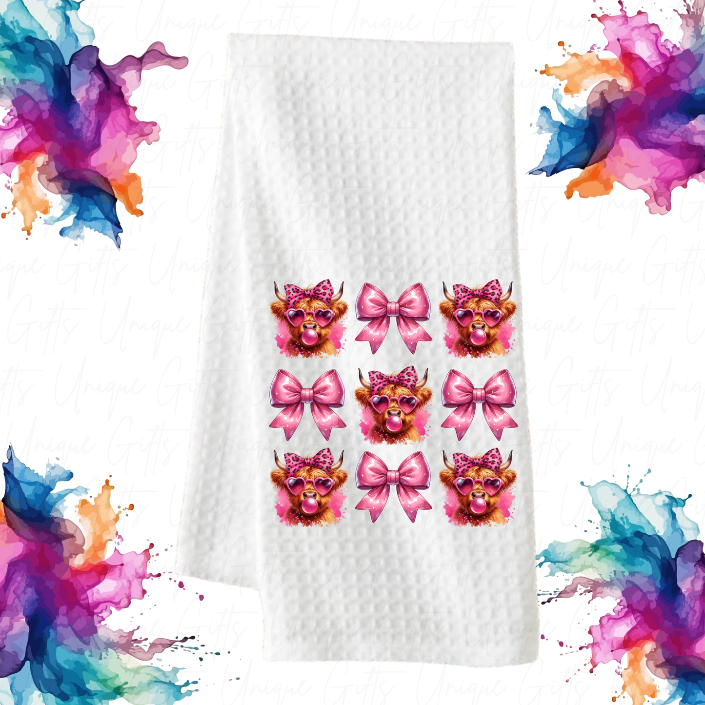 Highland Cow & Bow Kitchen Tea Towel – Waffle Knit