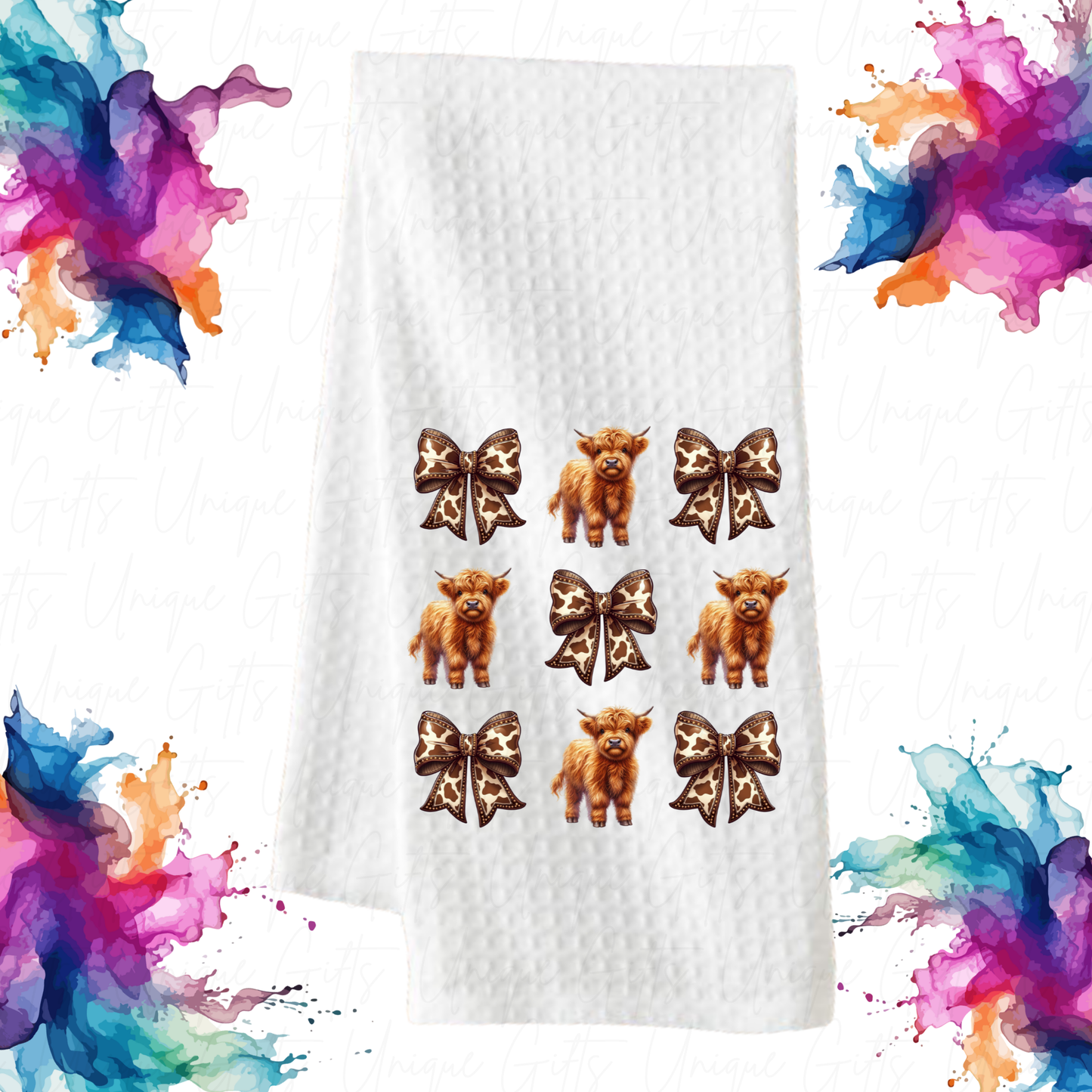 Highland Cow & Bow Kitchen Tea Towel – Waffle Knit