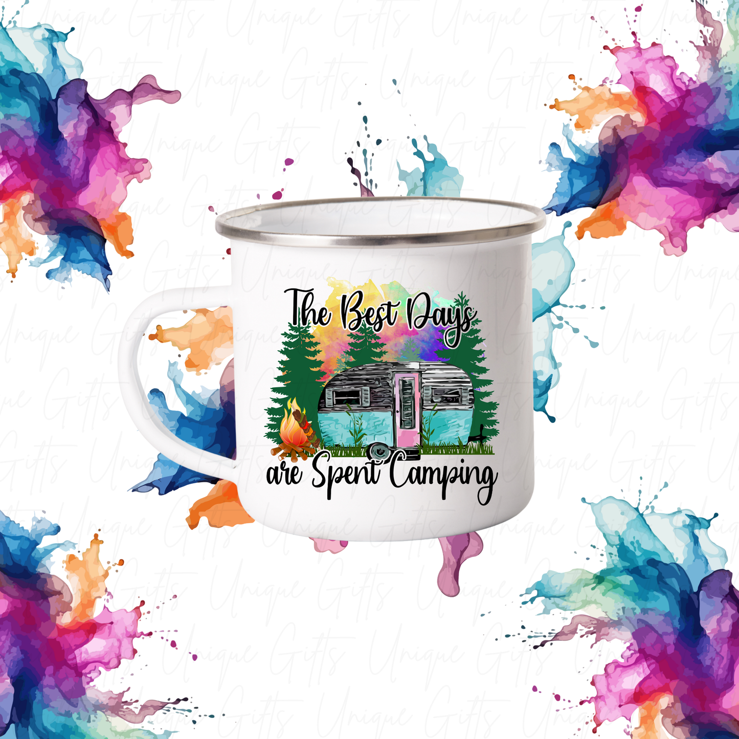 12oz Enamel Mug with Silver Rim – “The Best Days Are Spent Camping” Design | Vintage Camping Mug