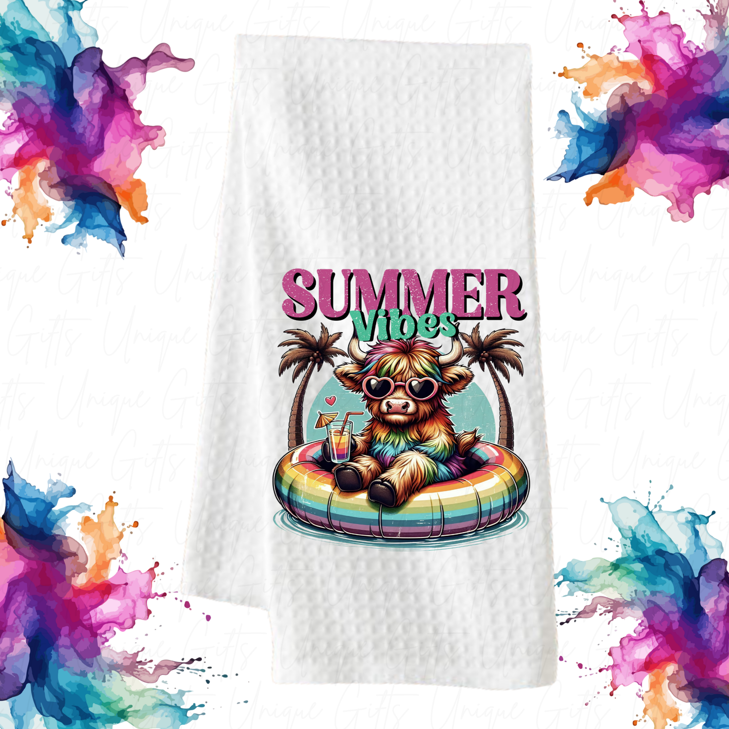 Highland Cow Summer Vibes Kitchen Tea Towel – Waffle Knit