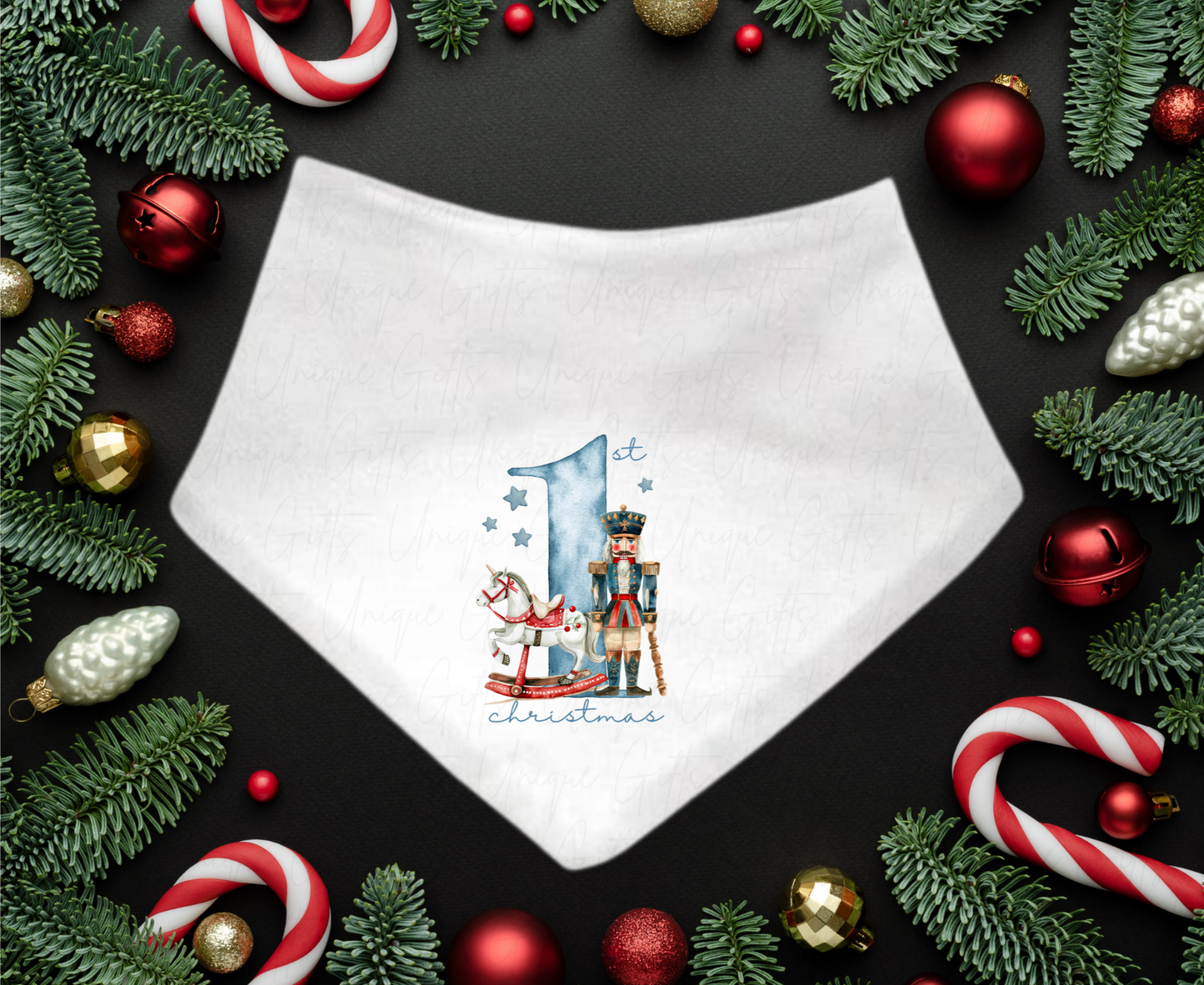 1st Christmas Bandana Bib – Blue Nutcracker Design
