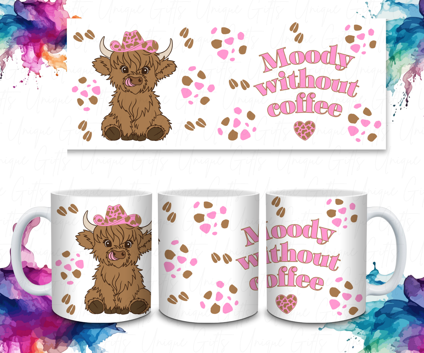 Coffee Mug Featuring Highland Cow, Moody without Coffee.