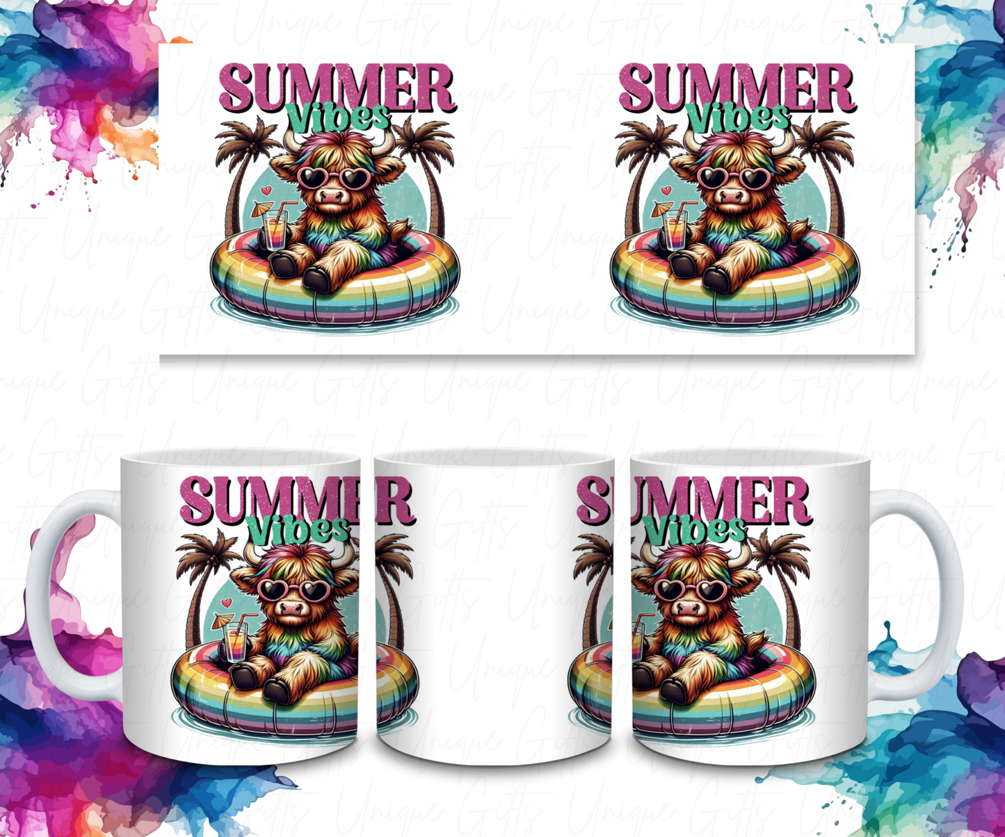 Coffee Mug Featuring A Highland Cow Summer Vibes.