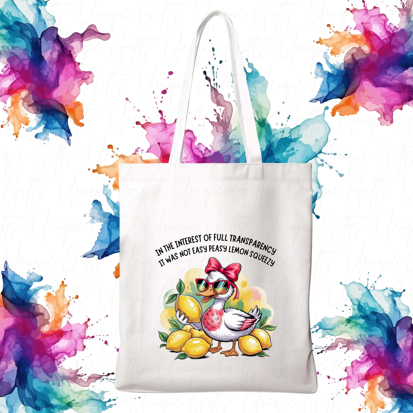 Tote Bag in White with Duck and Lemons Design
