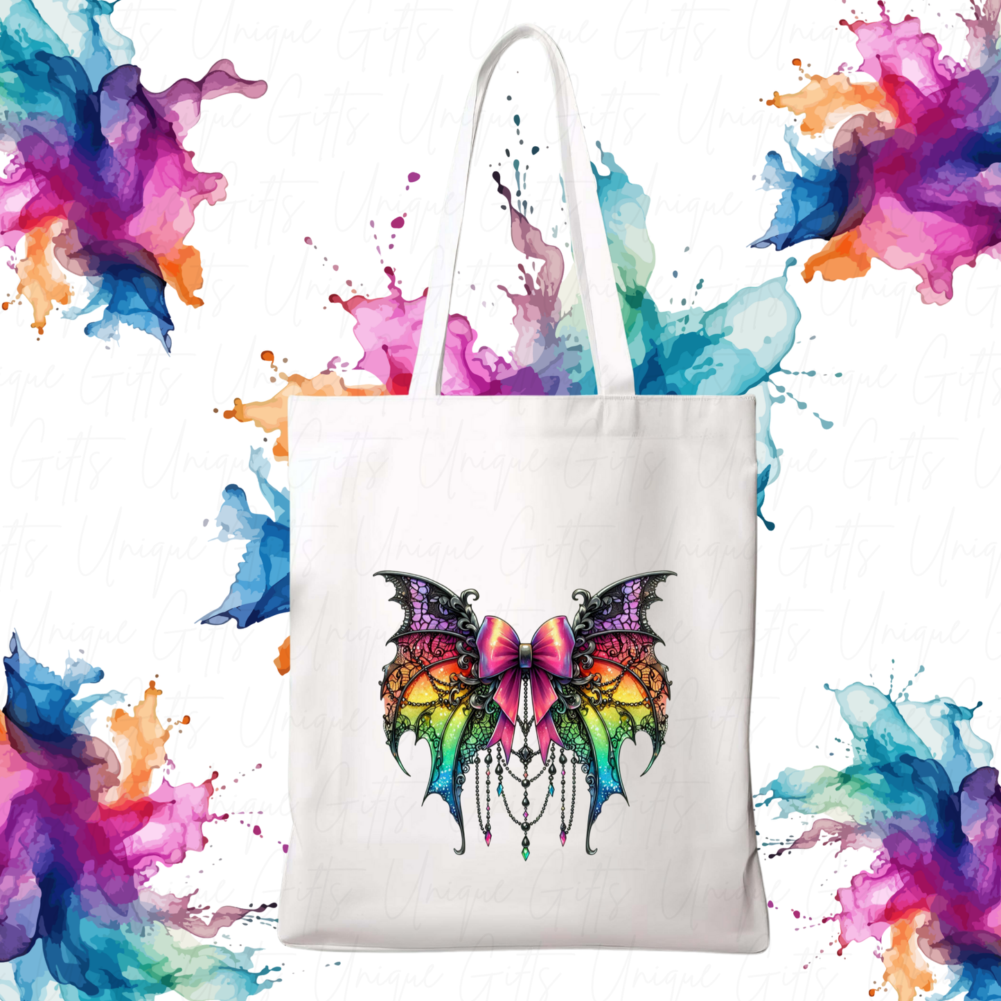 Tote bag with a colourful butterfly design on a white background with abstract art around it.