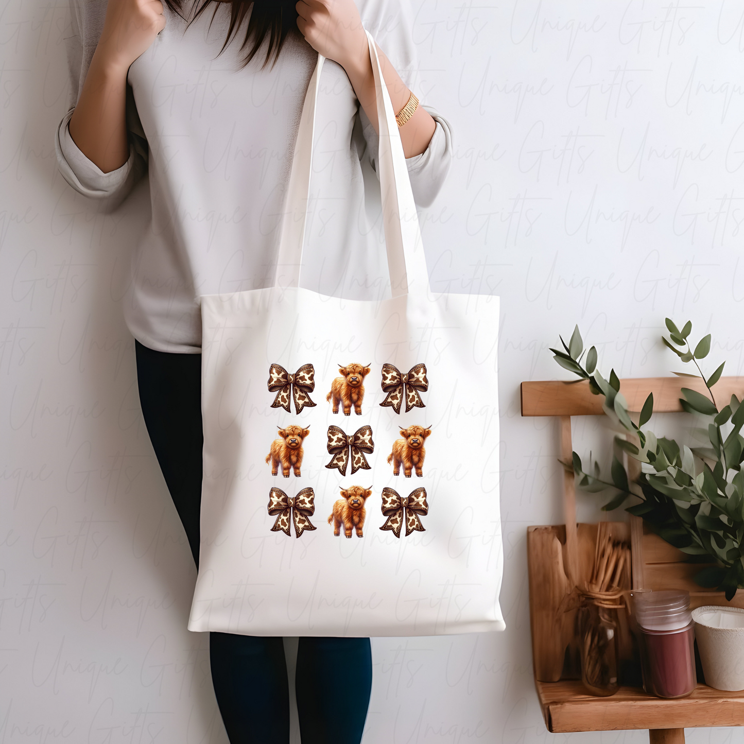 Highland Cow and Bow Tote Bag