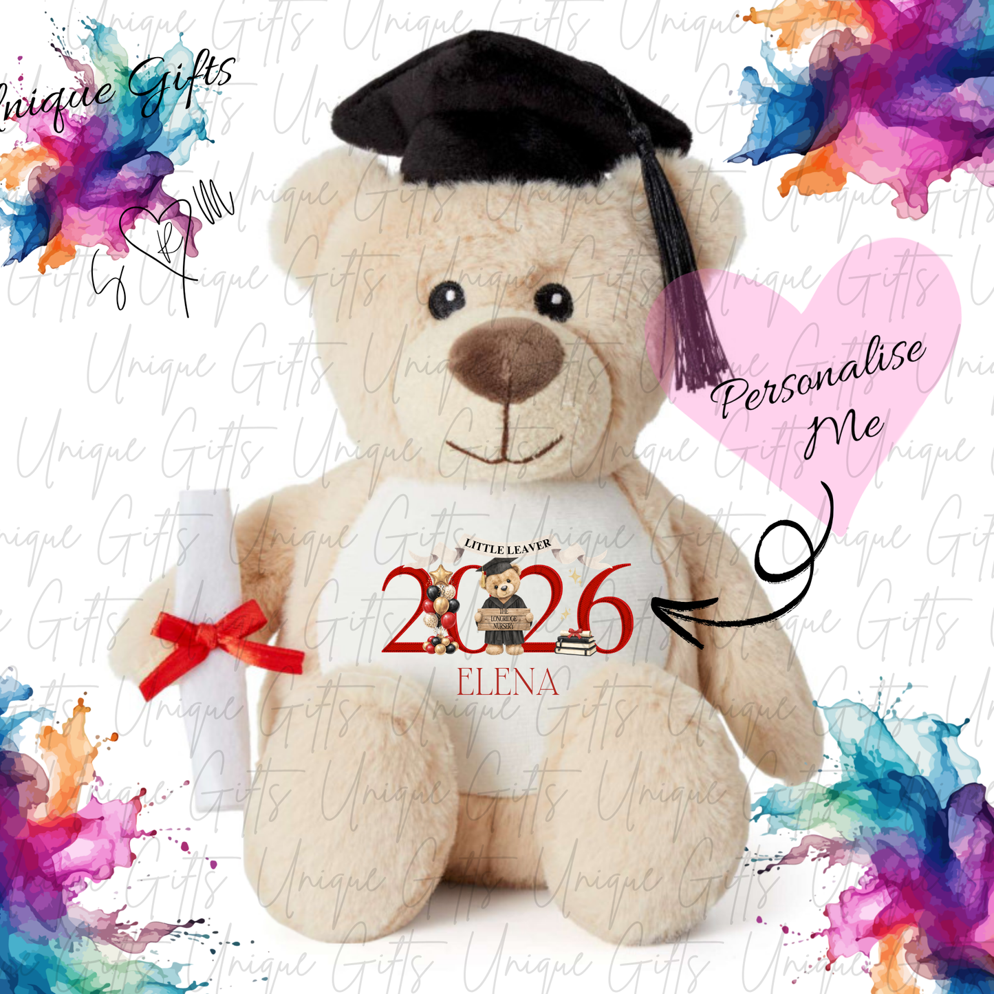 Personalised graduation teddy bear design 2 colour options – 12 colours available including sage, red, blue, pink, lilac and more