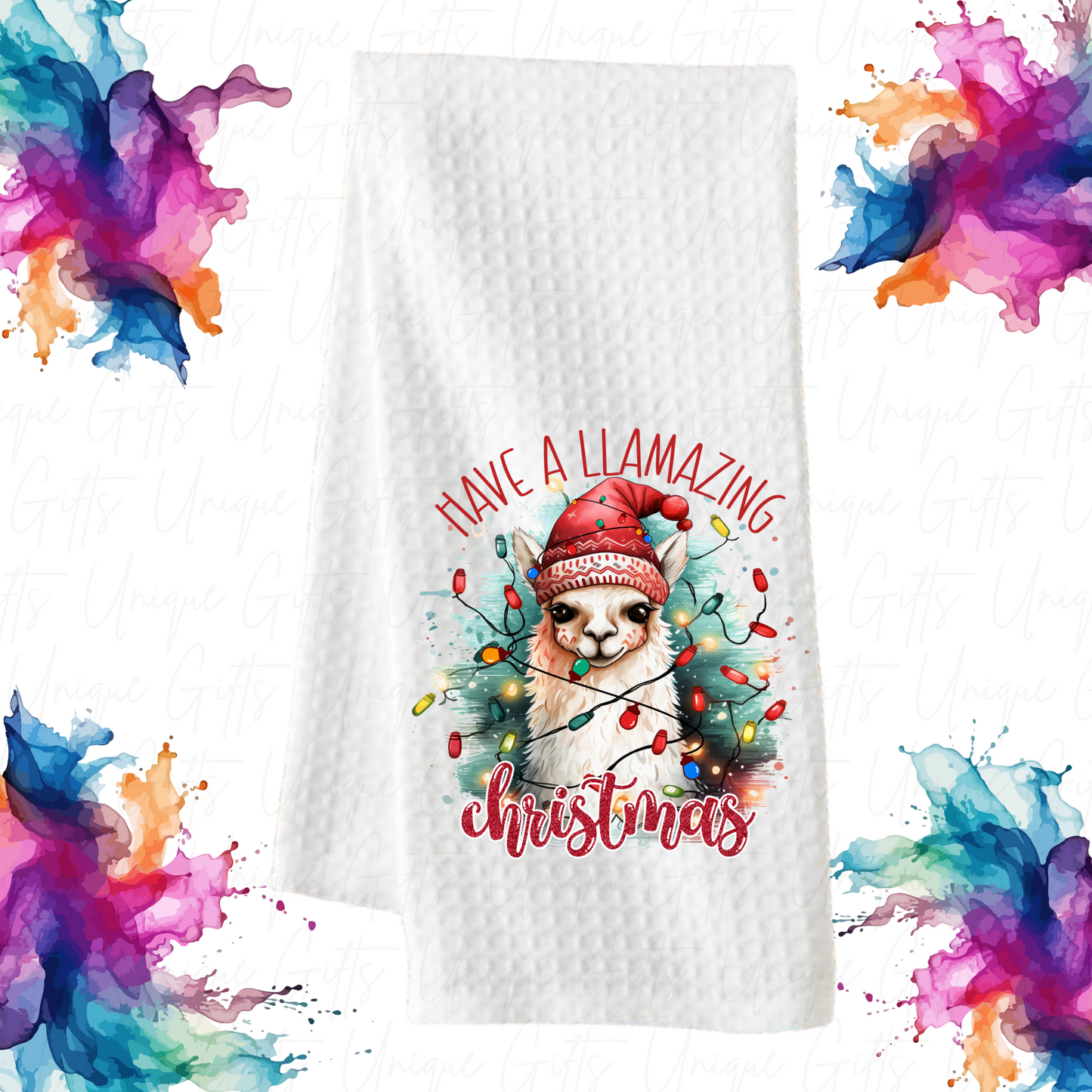 Llama “Have a Llamazing Christmas” Kitchen Tea Towel – Waffle Knit