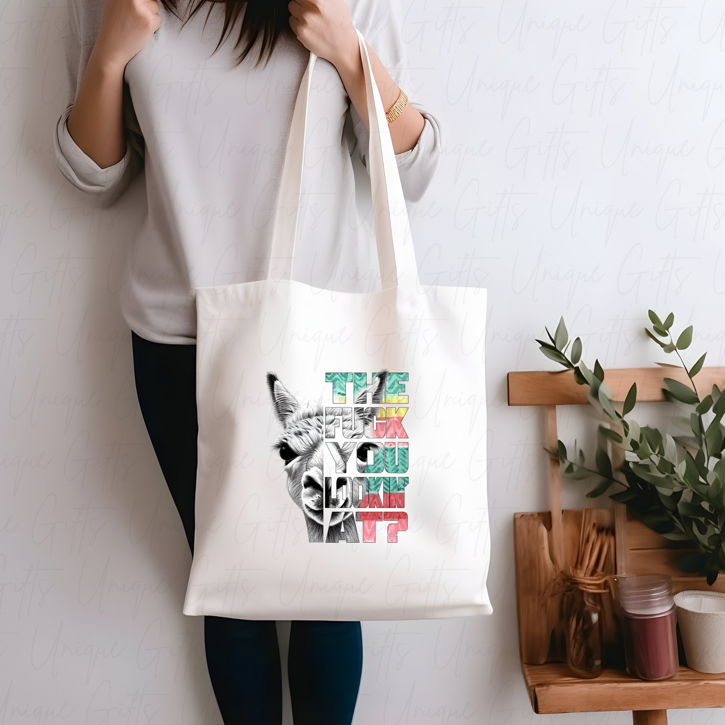 Tote Bag in White with Swearing Llama Design