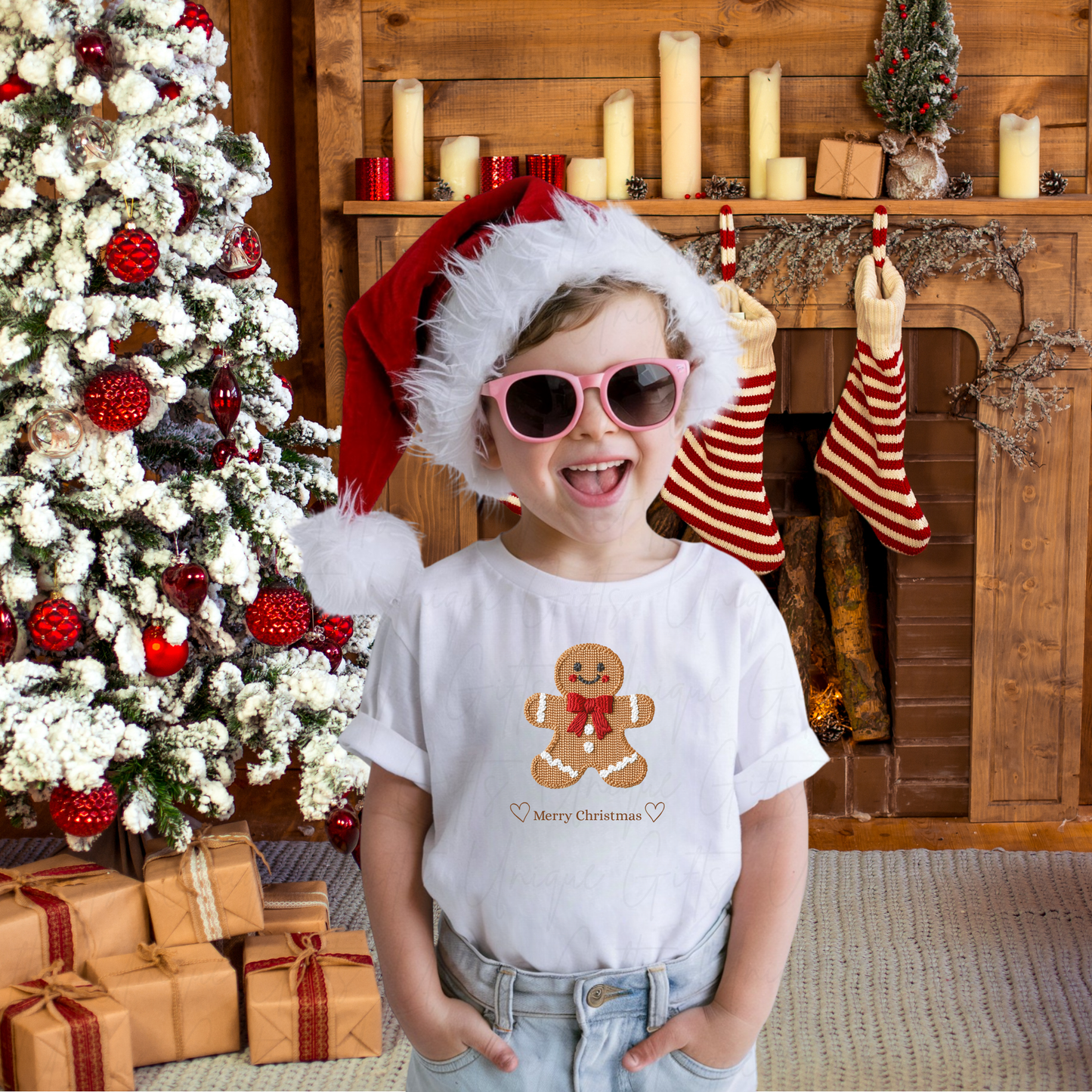 Personalised Gingerbread with Red Bow Christmas T-Shirt for Kids – Custom Name Baby & Toddler Tee | Soft Cotton Blend