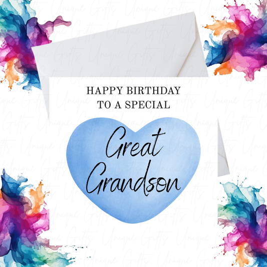 Blue Heart Birthday Card for Great Grandson – Handmade Card with Elegant Design