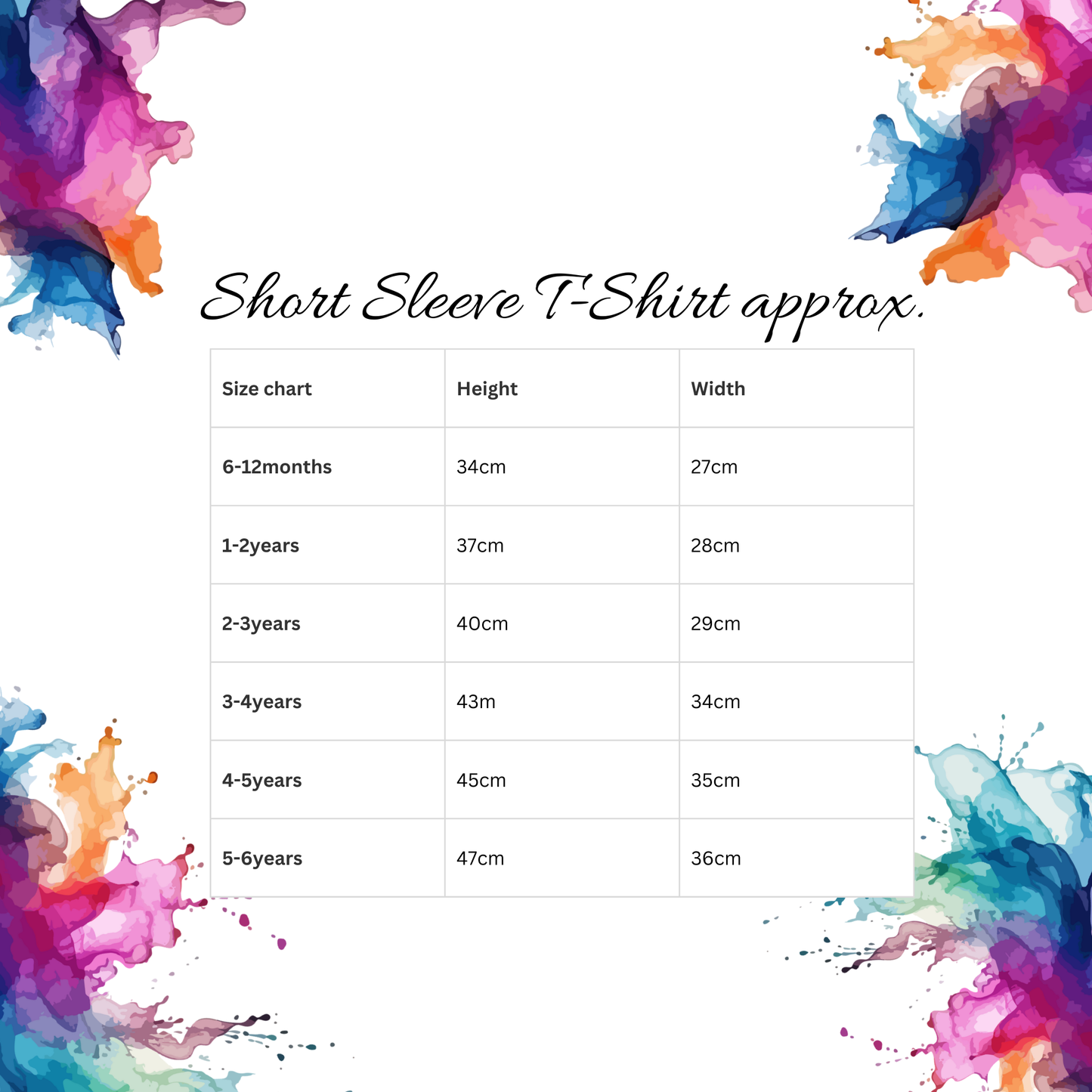 Short-sleeve t-shirt size guide – height and width measurements from 6-12 months to 5-6 years