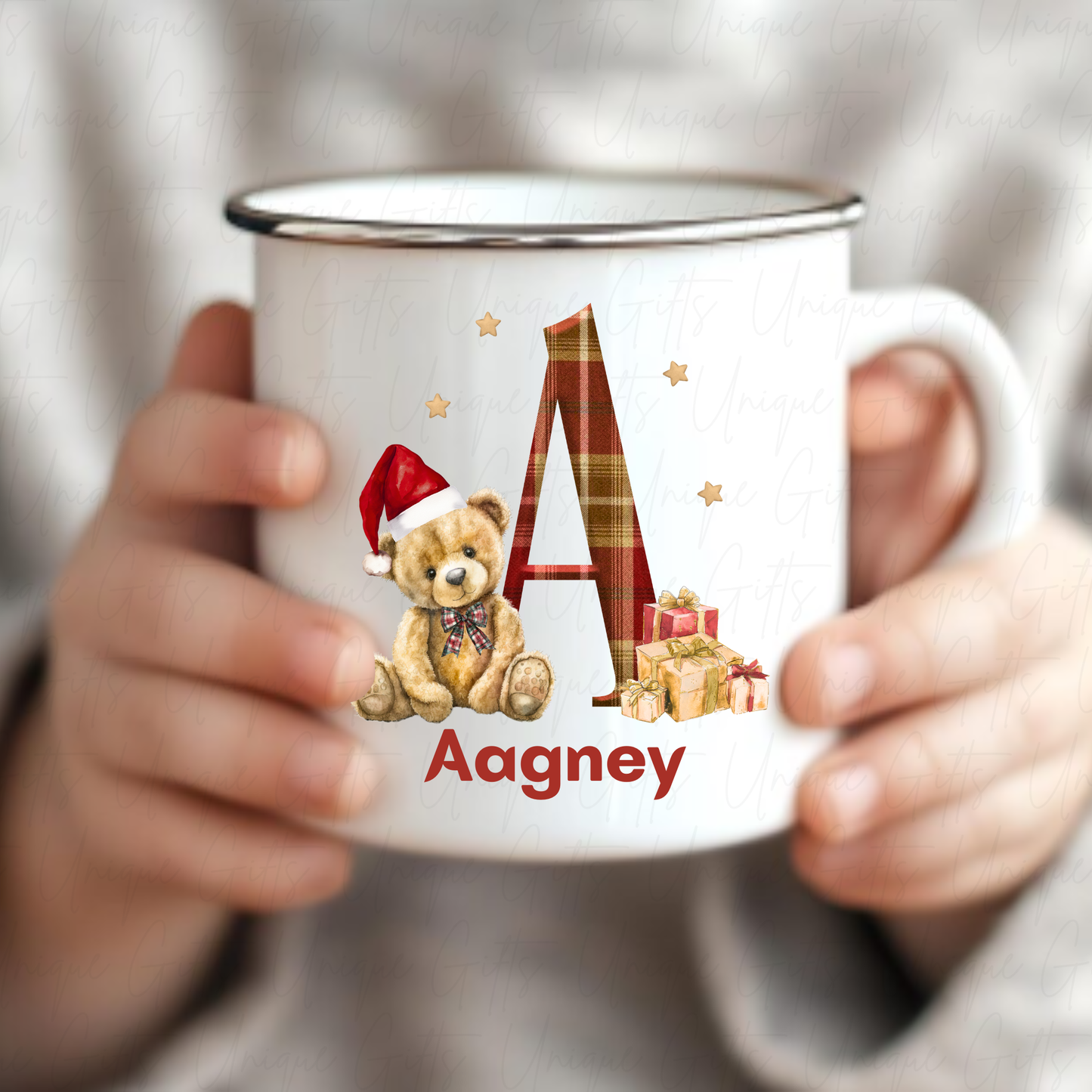 12oz Personalised Enamel Mug with Silver Rim – Christmas Bear with Initial | Add Name