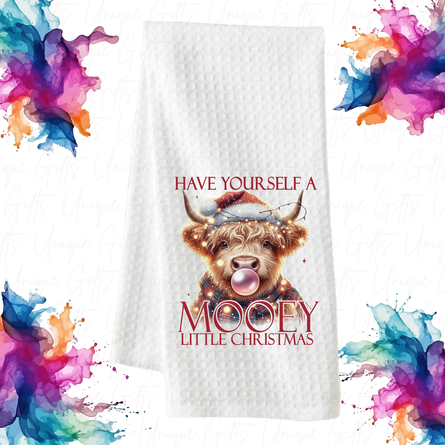 Highland Cow “Mooey Little Christmas” Kitchen Tea Towel – Waffle Knit