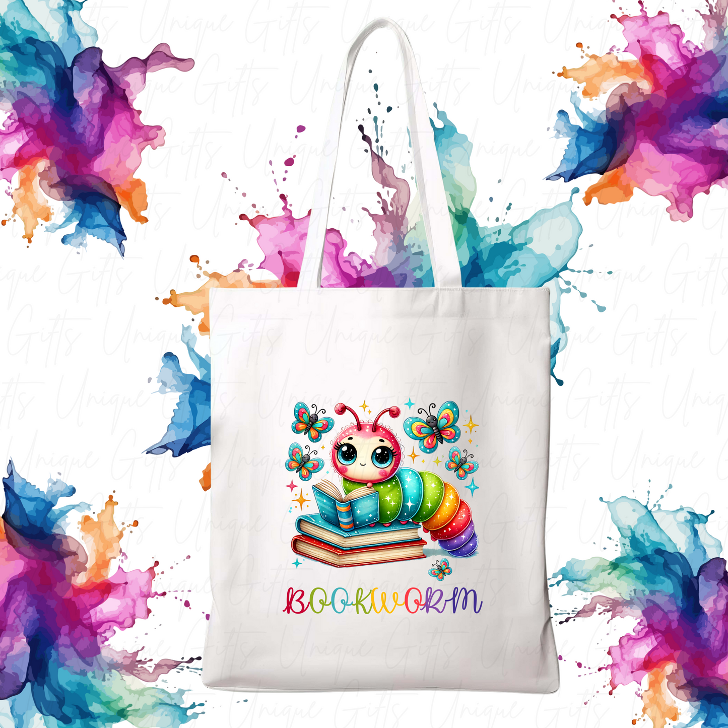 White Tote Bag – Bookworm Design, Reusable Everyday Bag for Readers