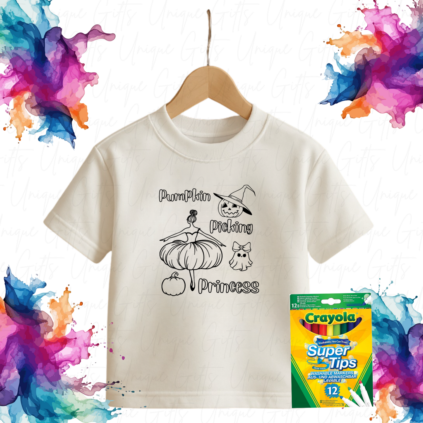 Colour Me In T-Shirt – Pumpkin Picking Princess | Kids Creative Autumn Tee | 100% Cotto