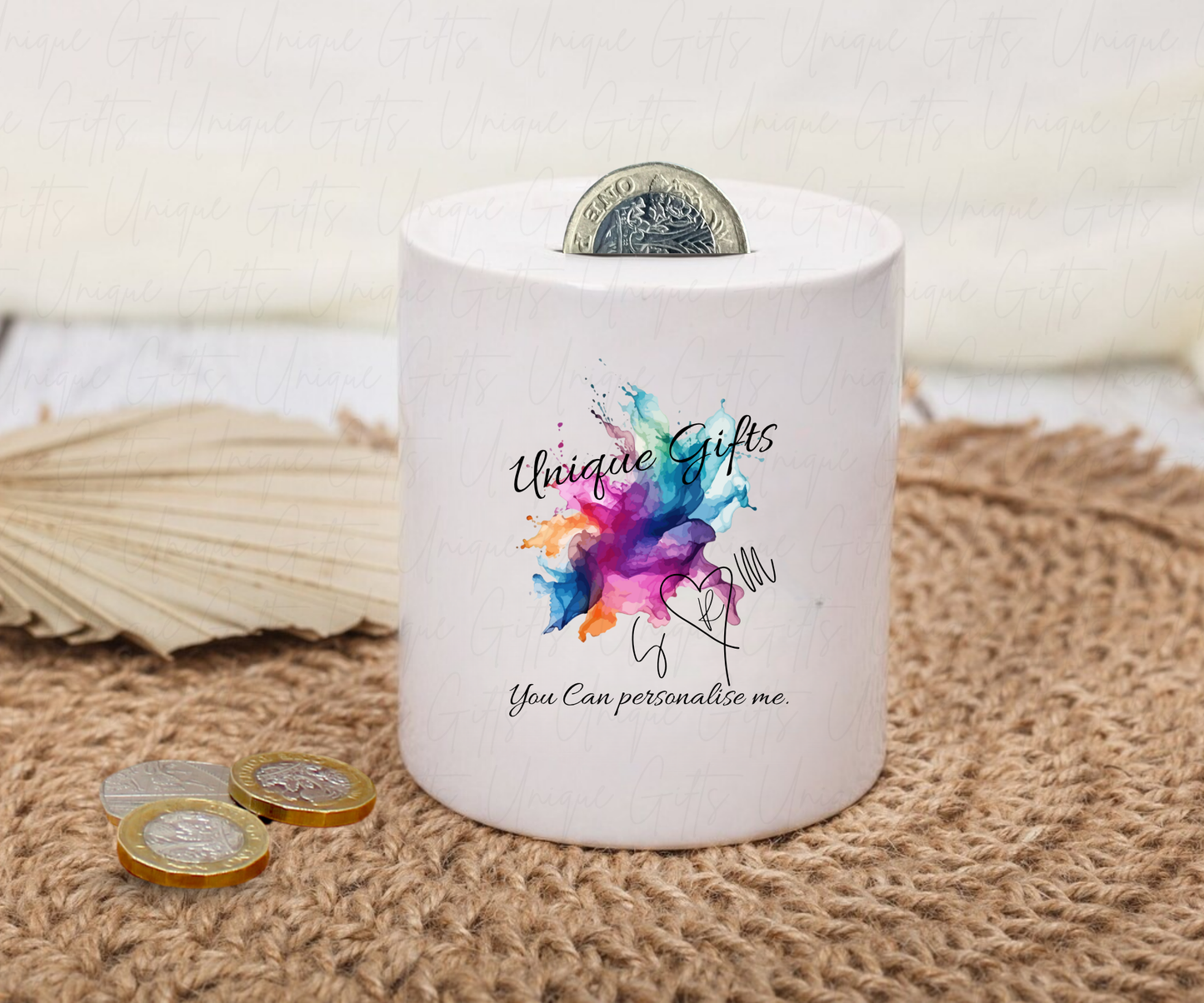 Personalised Ceramic Money Box – White 11oz Cylinder | Custom Piggy Bank with Image or Text & Removable Base