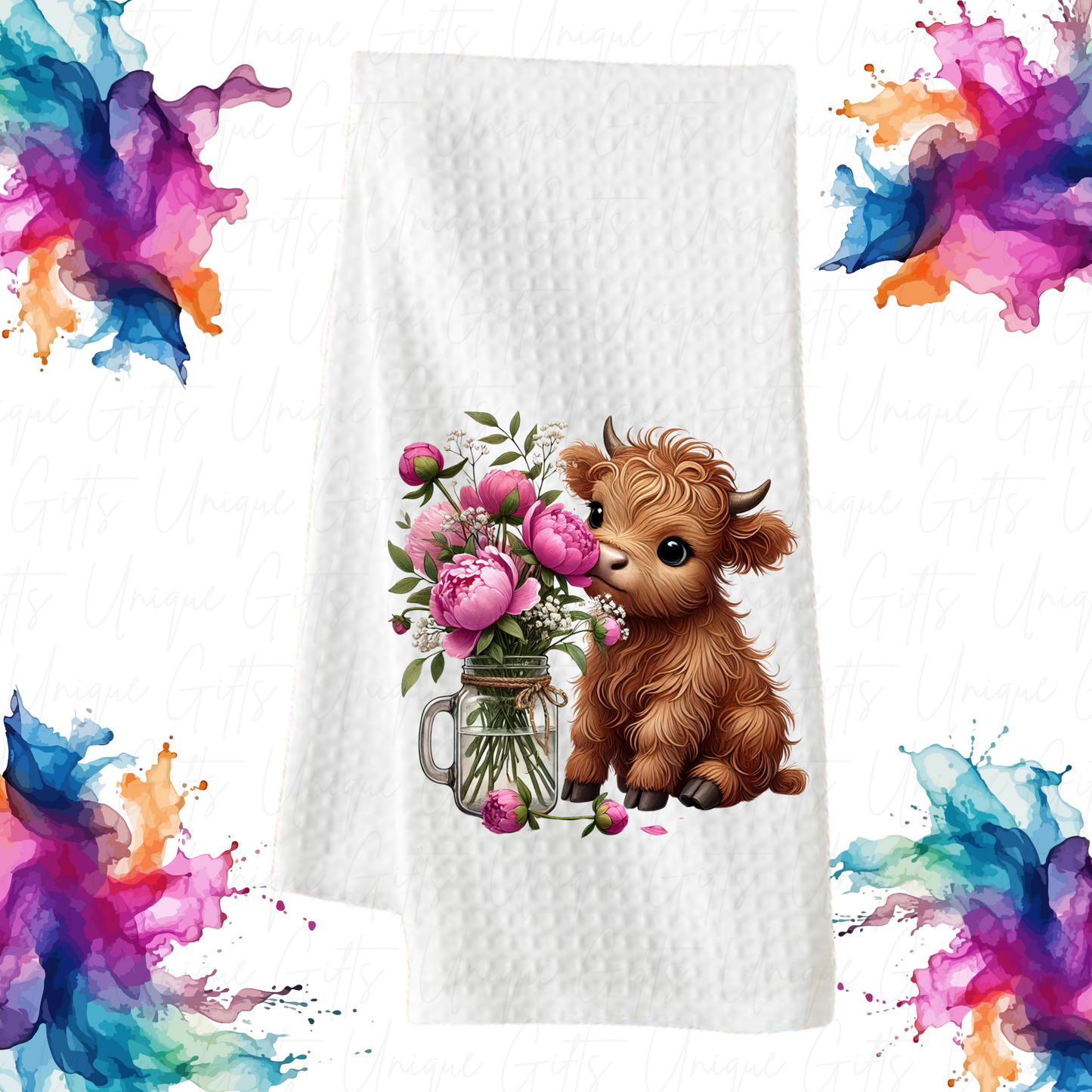 Highland Cow & Flowers Kitchen Tea Towel – Waffle Knit