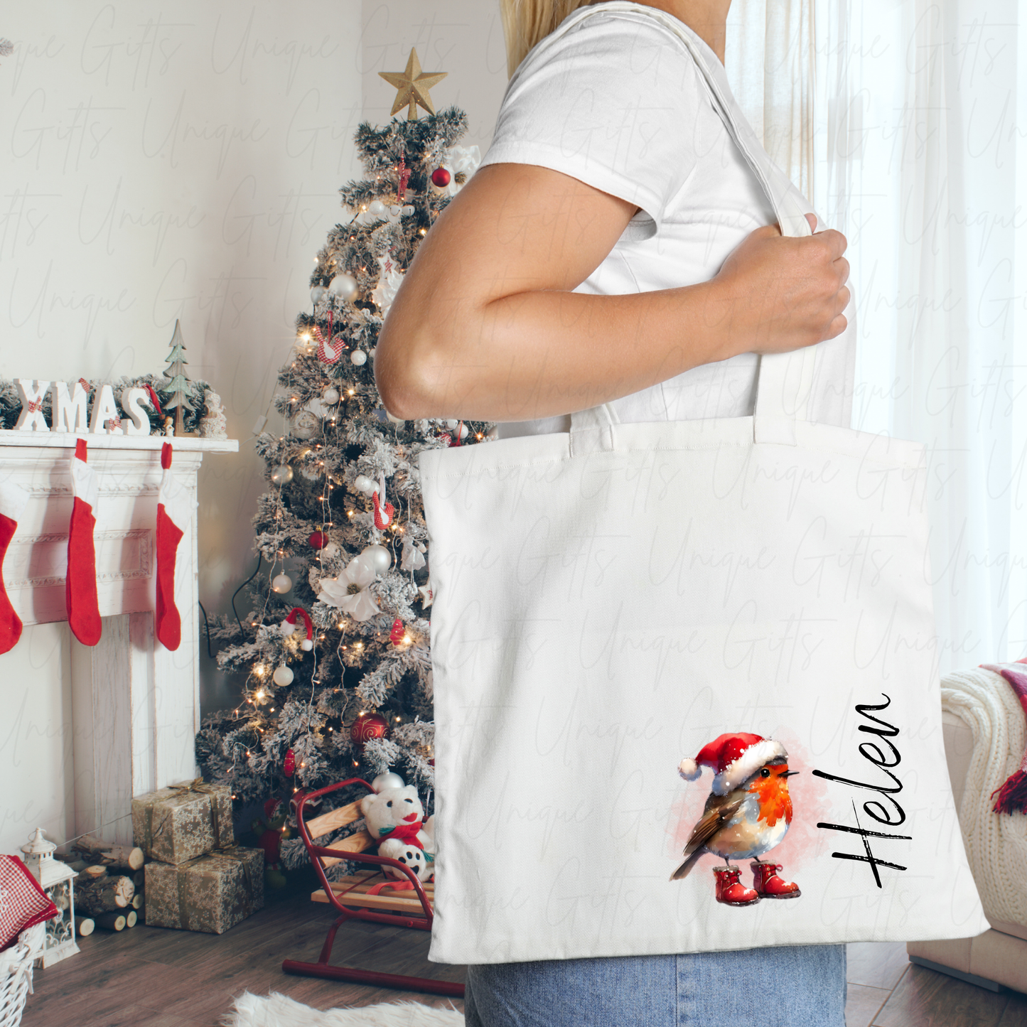 Personalised Robin in Boots Christmas Tote Bag β Custom Xmas Gift Bag | Reusable Holiday Tote UK