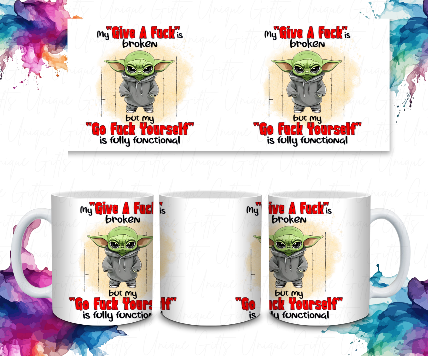 Adult Coffee Mug Featuring Yoda, My Give a F*ck is Broken.