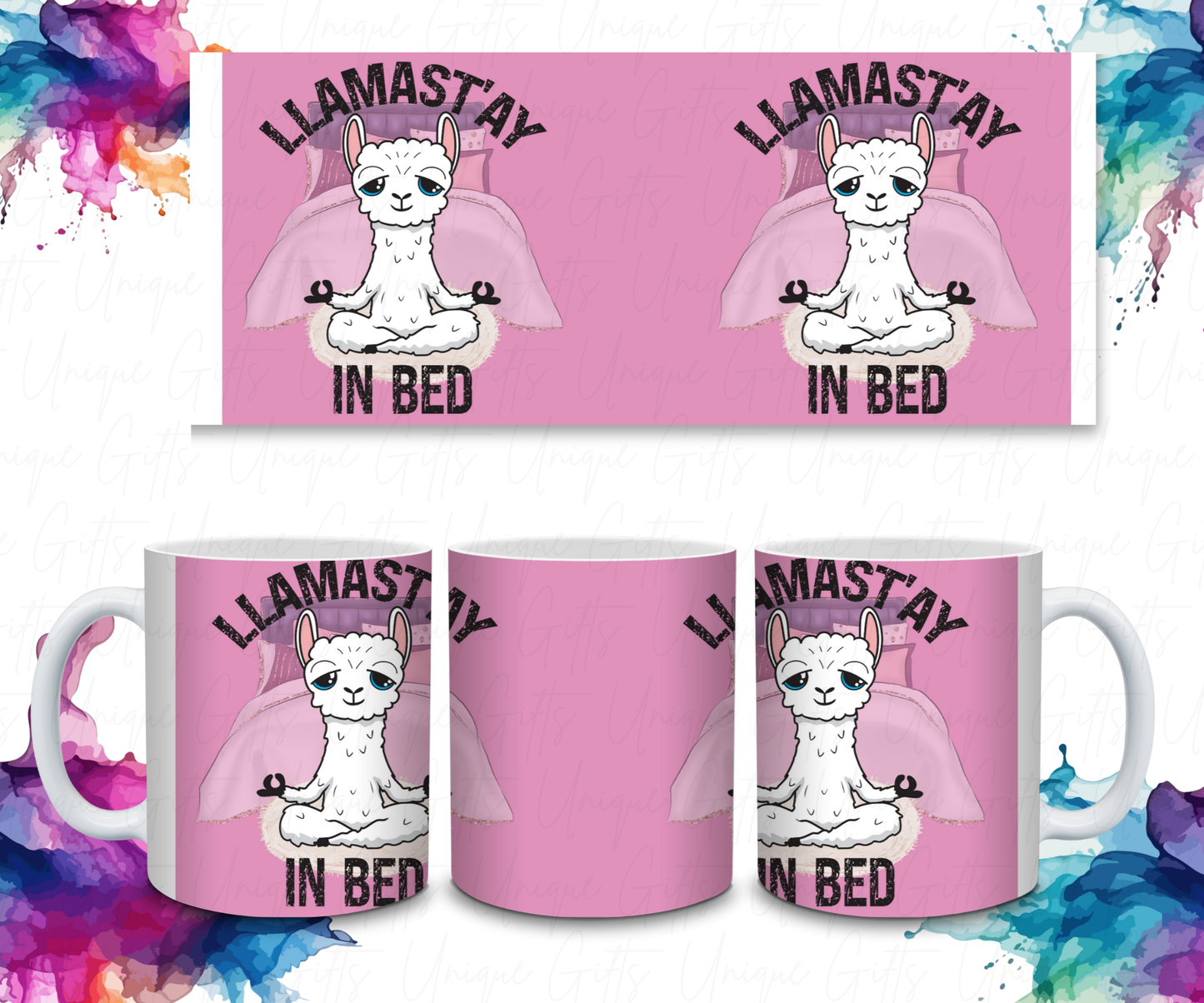 Coffee Mug Featuring Llama, Llamast'ay in Bed.
