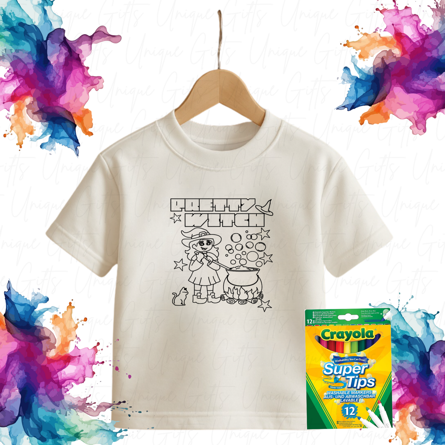 Colour Me In T-Shirt – Pretty Witch Halloween | Kids Creative Holiday Tee | 100% Cotton