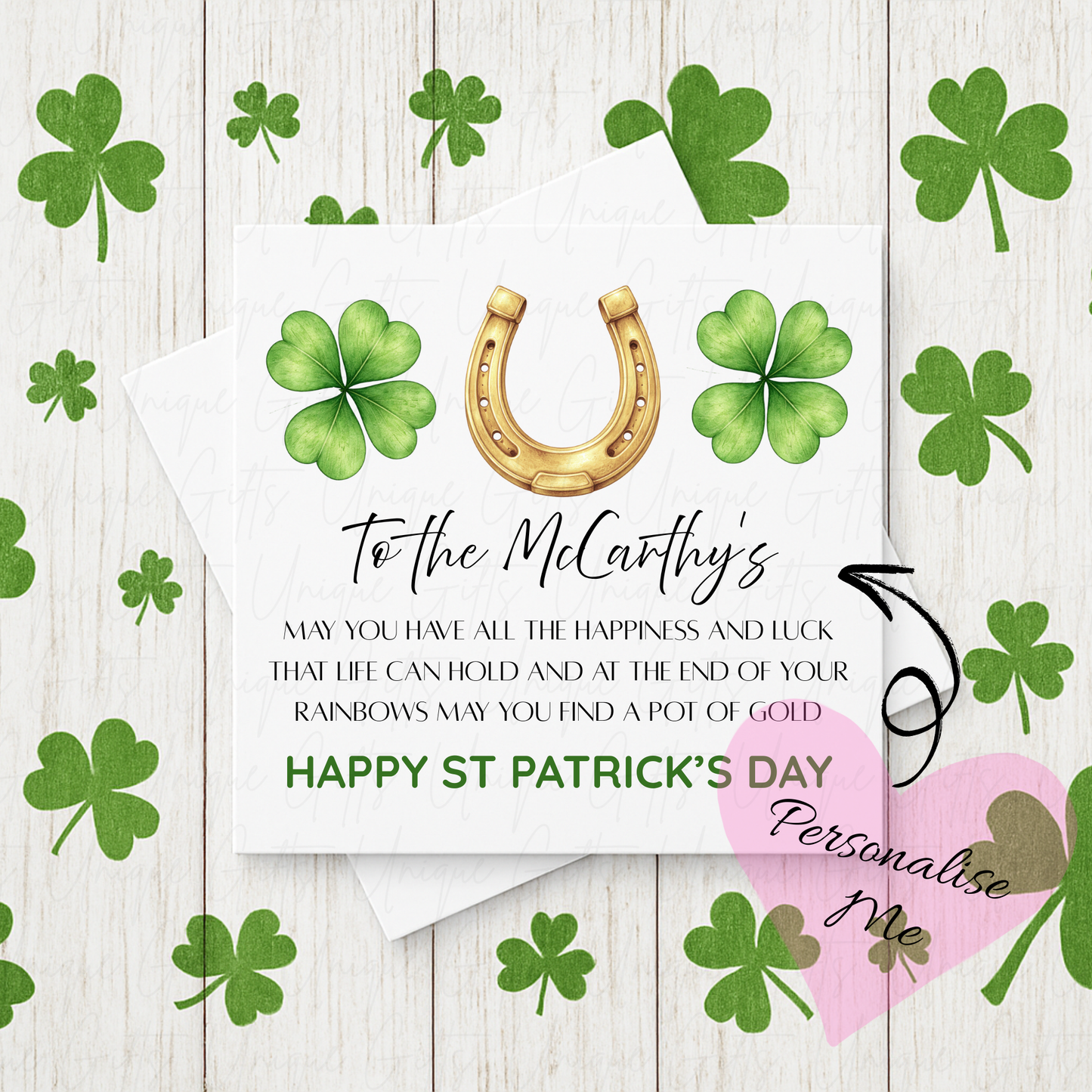 Personalised St Patrick's Day lucky horseshoe card – handmade personalised 6x6 inch Irish greeting card