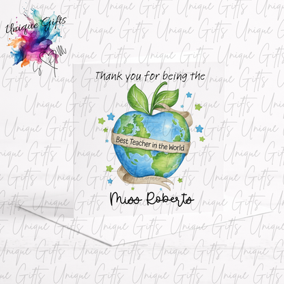 Personalised Best Teacher in the World Card lifestyle mockup with watercolour globe apple design and teacher name