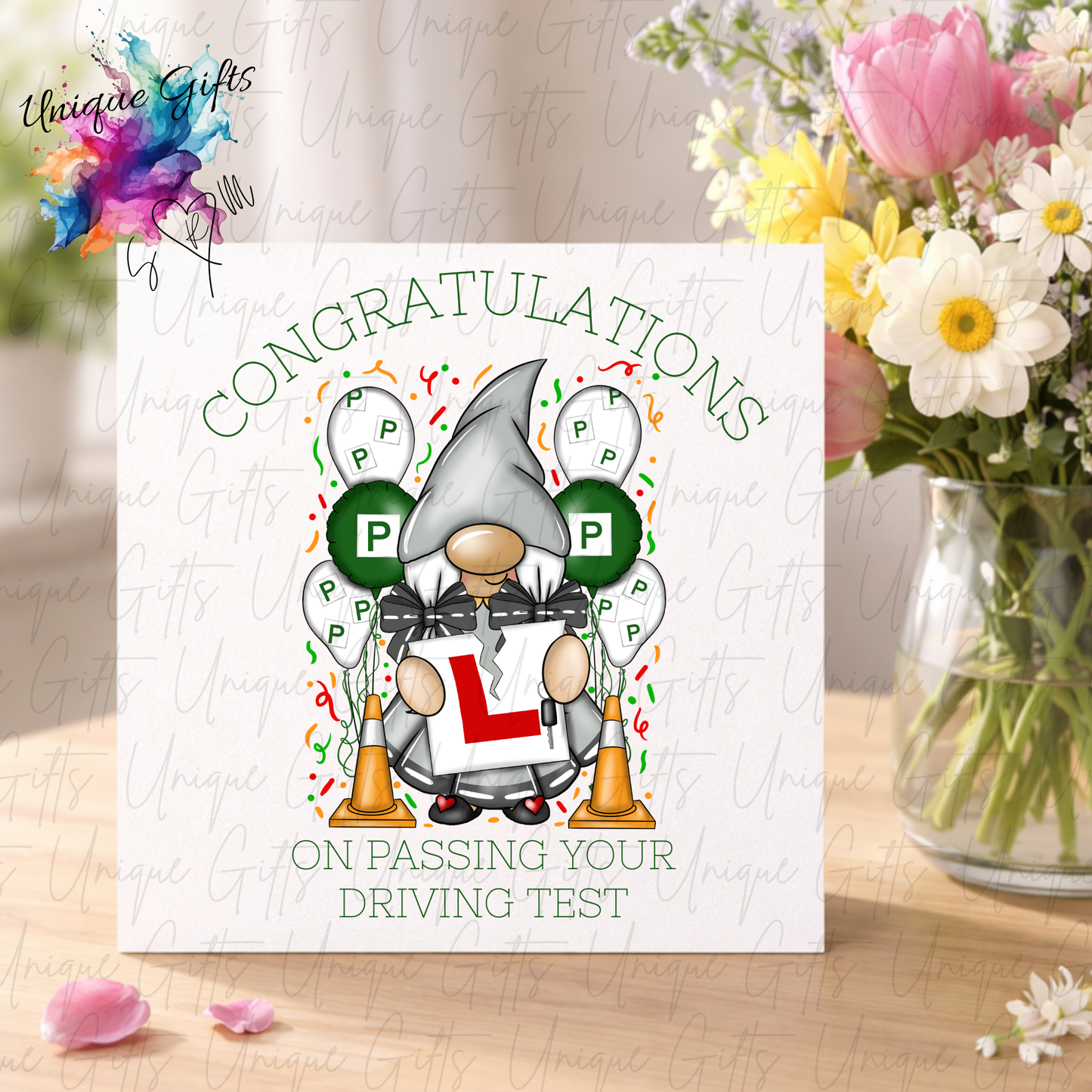 Girl gonk driving test congratulations card displayed with flowers | Unique Gifts