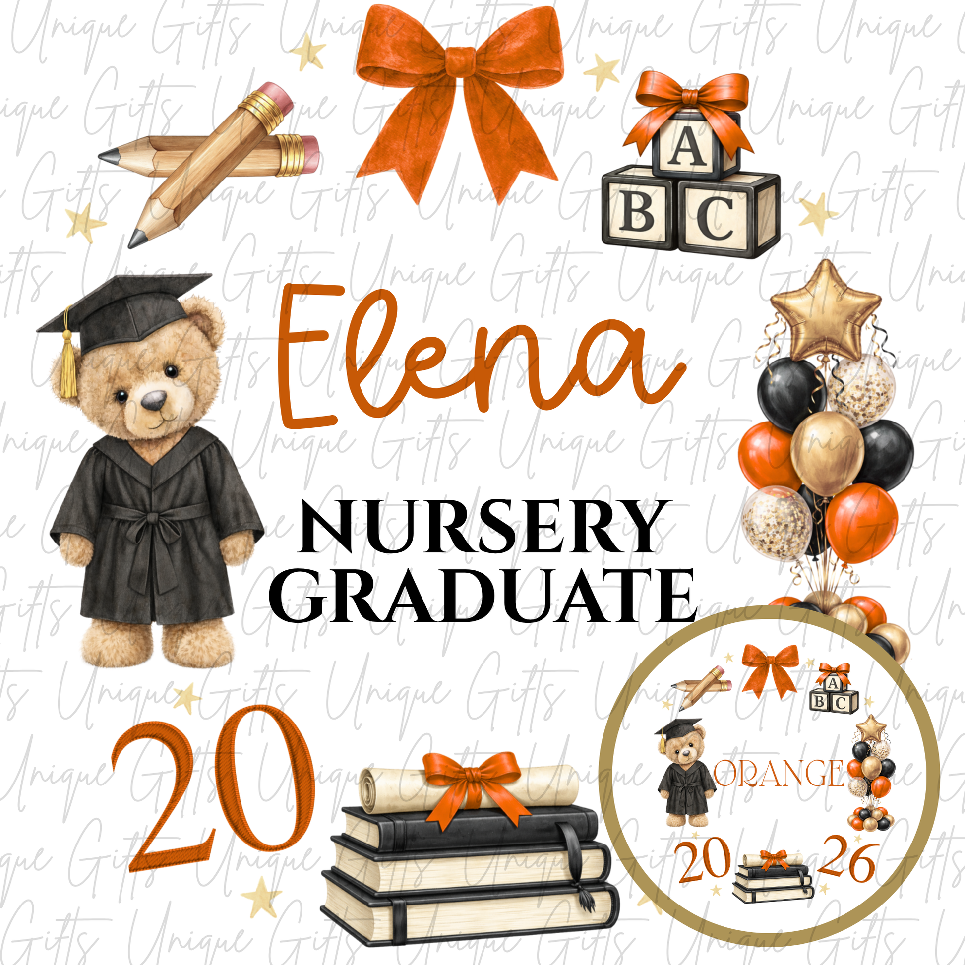 Nursery graduate 2026 card with bear and ABC blocks design with orange personalised name | Unique Gifts