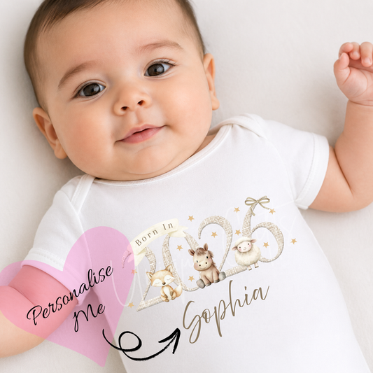 Born in 2026 Farmyard Animals Baby Grow | Unique Gifts