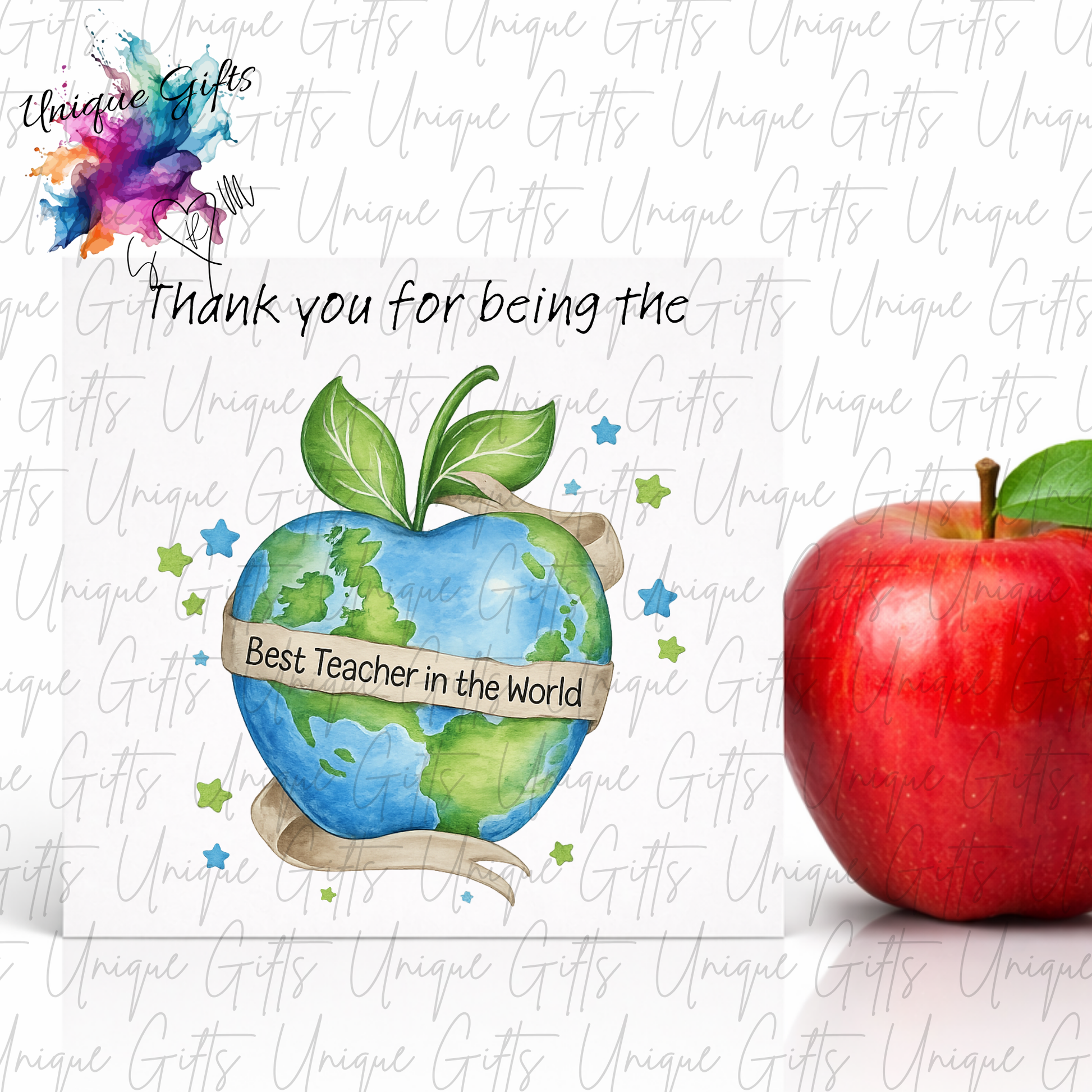 Best Teacher in the World Card featuring watercolour globe apple design with Best Teacher in the World banner