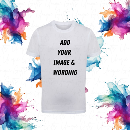 Kids' personalised performance t-shirt front view – custom print design