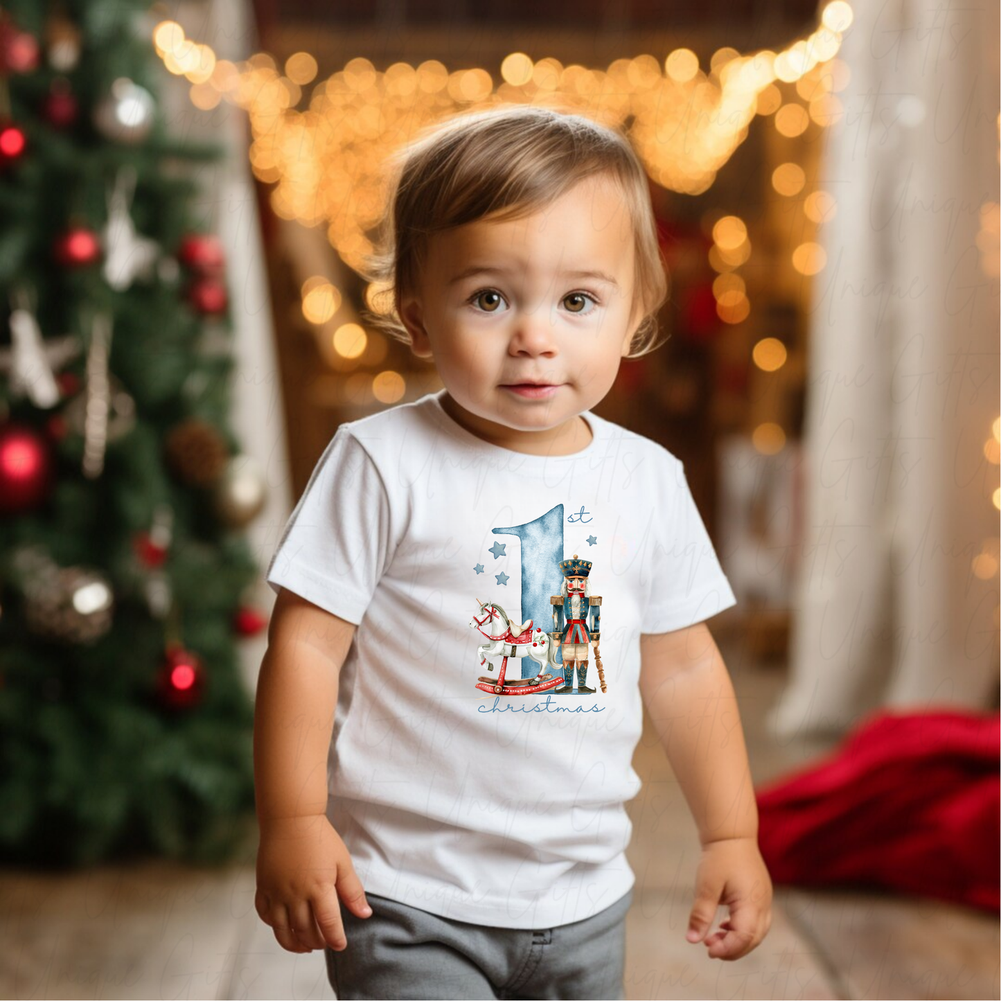 Personalised 1st Christmas T-Shirt – Blue Cute Bear Design | Custom Baby’s First Christmas Outfit