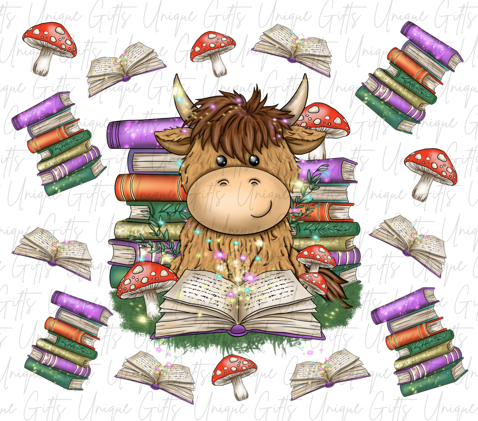 Highland cow reading tumbler close up – highland cow with books design, bookworm gift