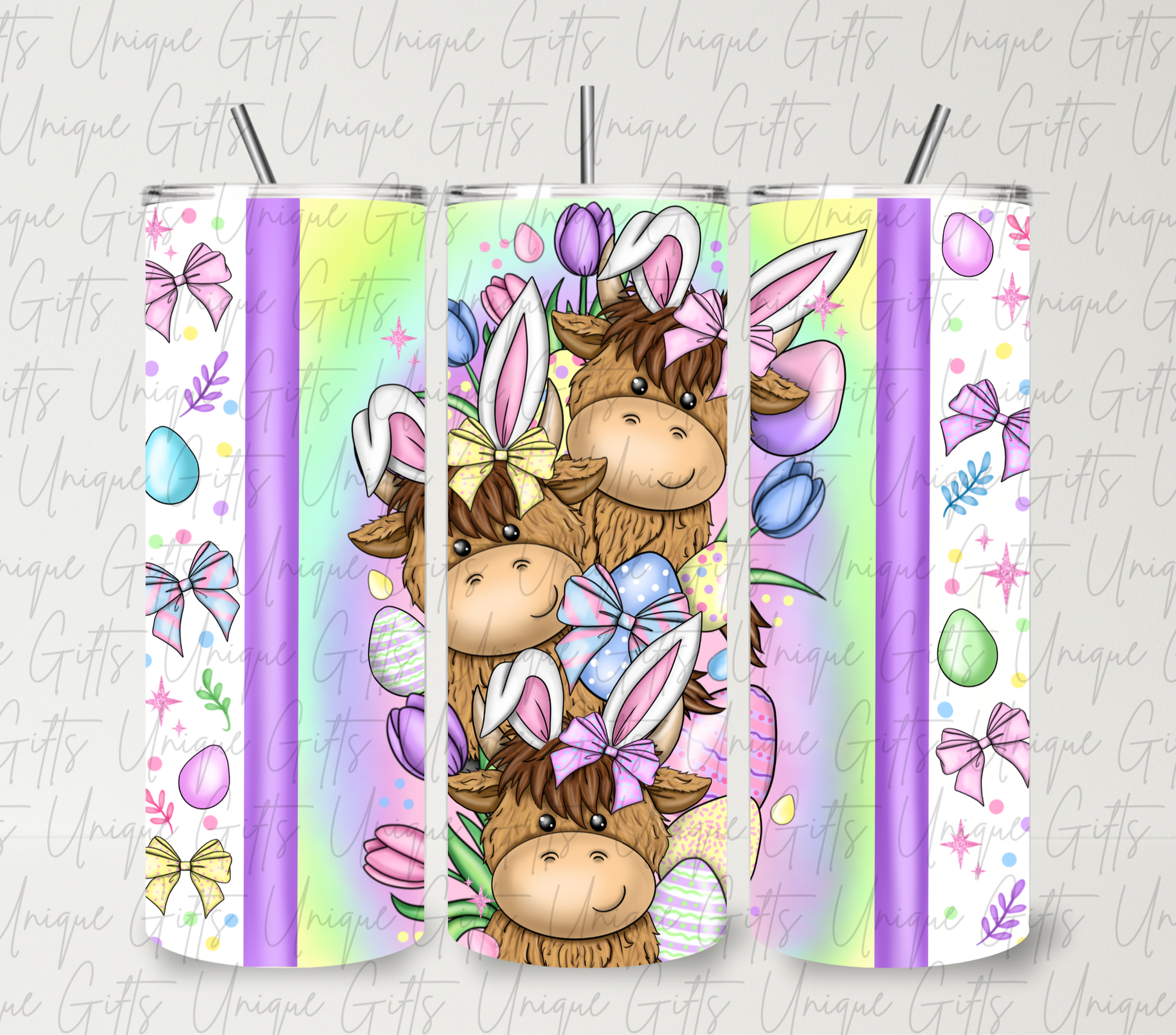 Cute Easter highland cow 20oz skinny tumbler – 3 highland cows with bunny ears, insulated cup with straw