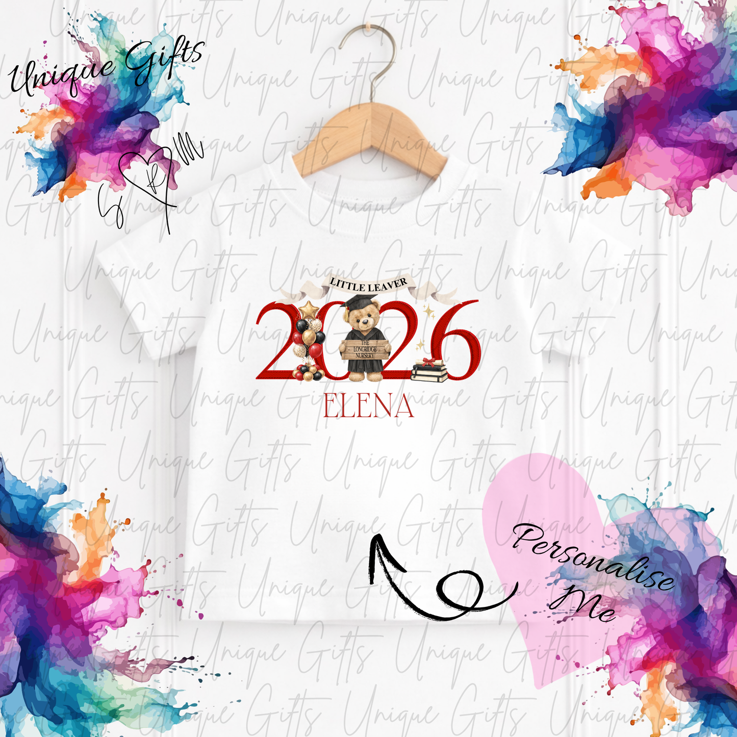 Personalised nursery leavers t-shirt 2026 – custom name children's graduation keepsake top, available in 12 colours
