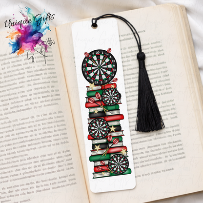 Personalised darts board bookmark – fun book stack design – aluminium with black tassel