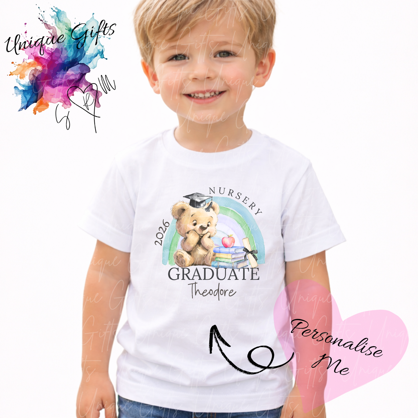 Personalised nursery graduate children's t-shirt – custom name kids tee, sizes 3-4 years to 5-6 years