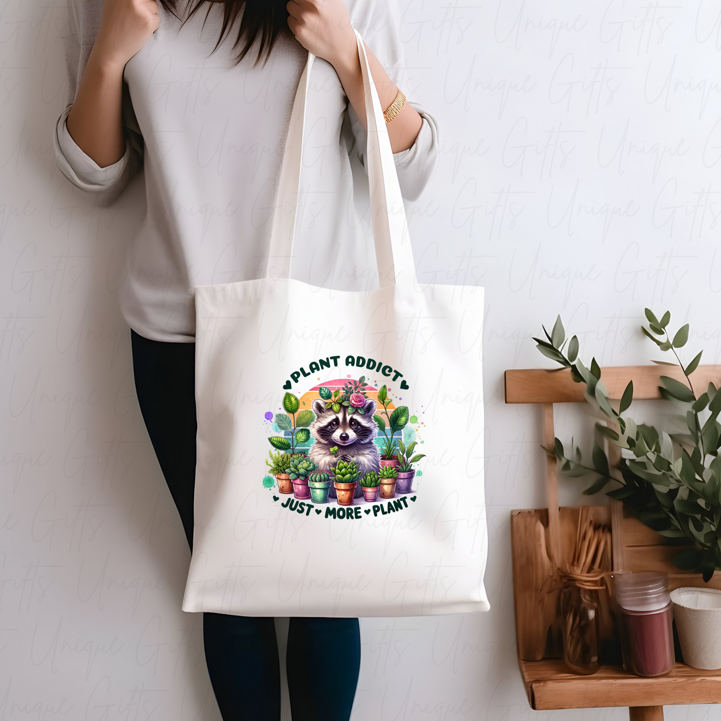 White Tote Bag – Raccoon ‘Plant Addict’ Design, Reusable Everyday Bag