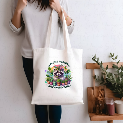 White Tote Bag – Raccoon ‘Plant Addict’ Design, Reusable Everyday Bag