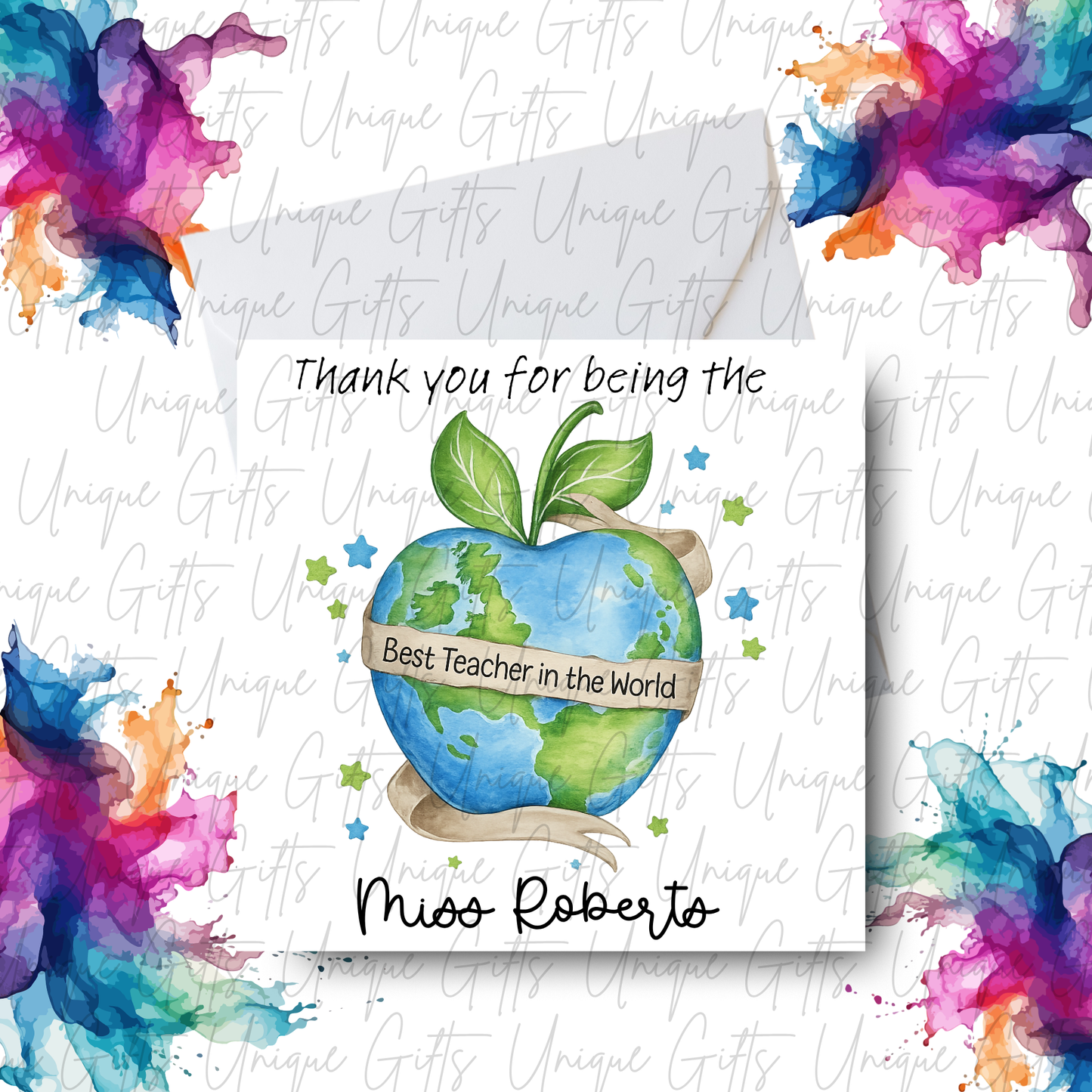 Personalised Best Teacher in the World Card lifestyle mockup with watercolour globe apple design and teacher name