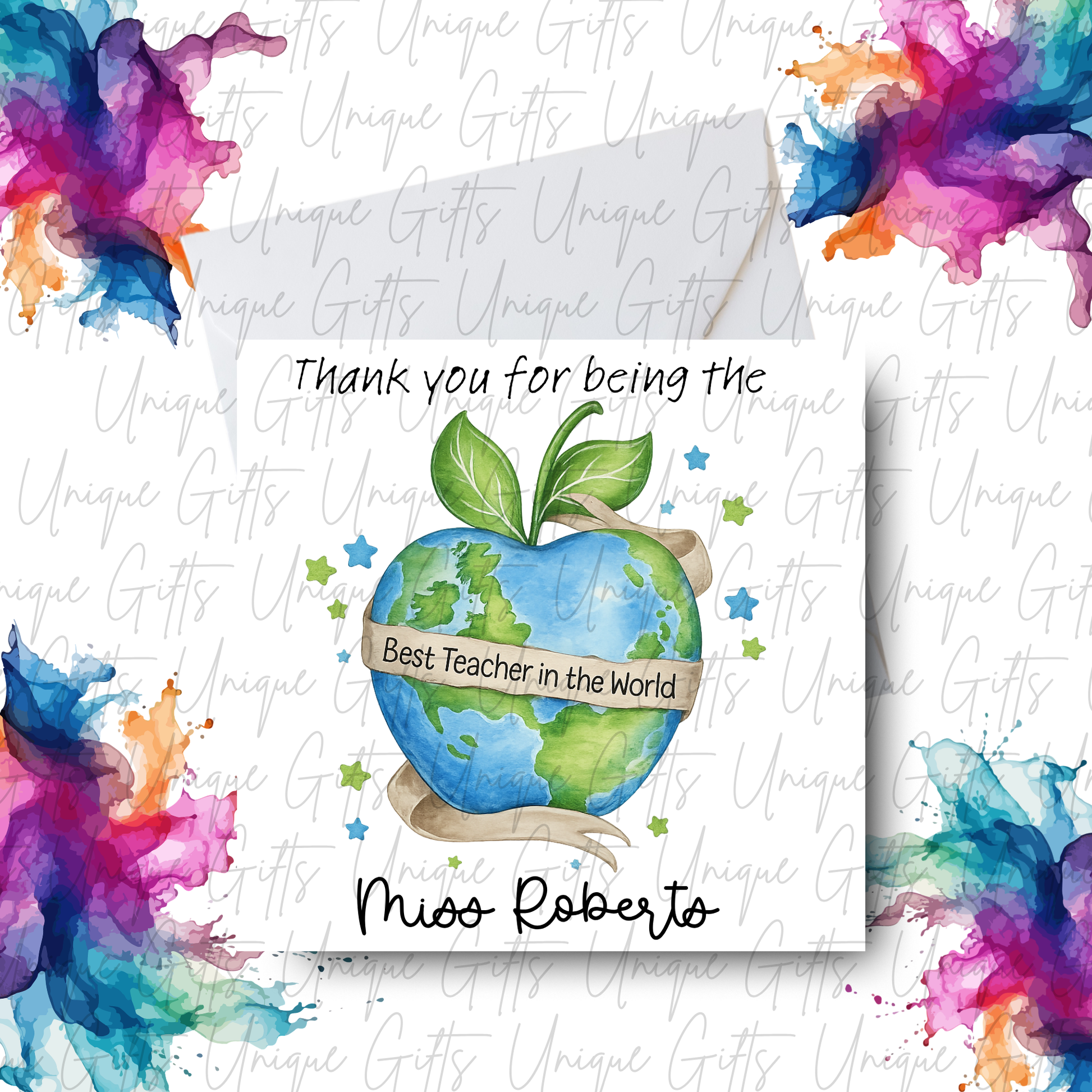 Personalised Best Teacher in the World Card lifestyle mockup with watercolour globe apple design and teacher name