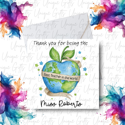 Personalised Best Teacher in the World Card lifestyle mockup with watercolour globe apple design and teacher name