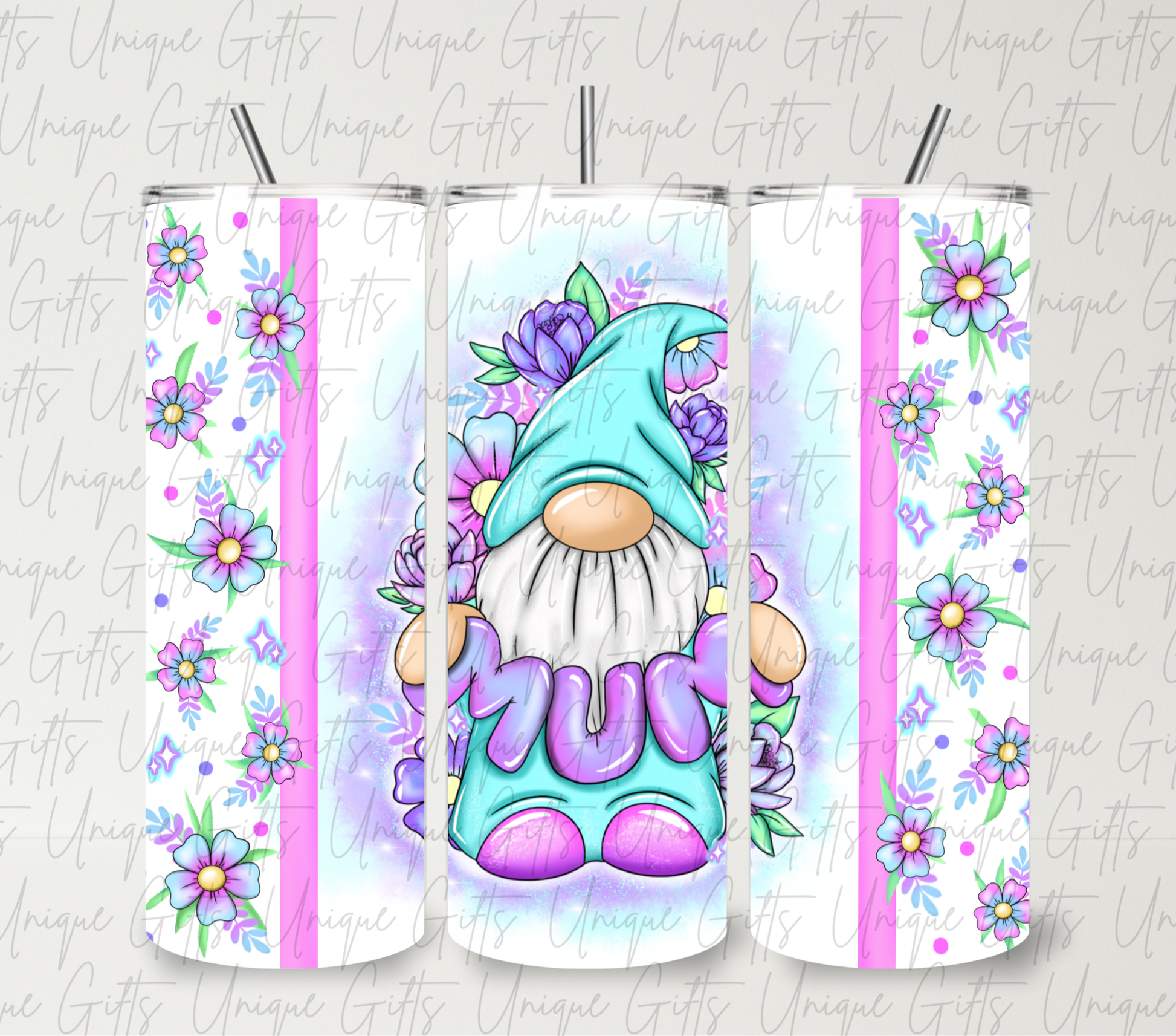 Pastel gonk mum 20oz skinny tumbler – cute gonk holding mum with flowers, Mother's Day gift