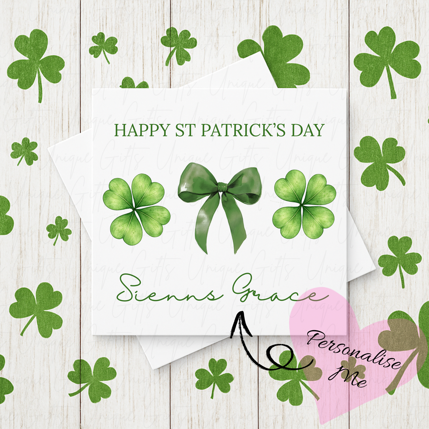 Personalised St Patrick's Day lucky bow card – handmade personalised 6x6 inch Irish greeting card