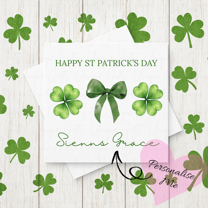 Personalised St Patrick's Day lucky bow card – handmade personalised 6x6 inch Irish greeting card