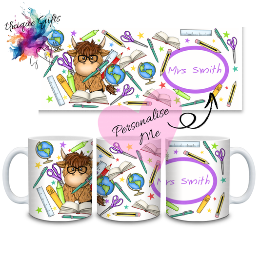 Personalised Highland Cow Teacher Mug – Glasses & Stationery Design